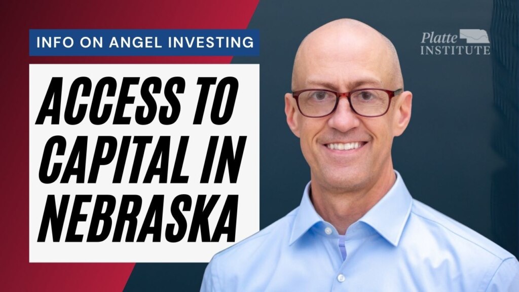 A title card for Nebraskanomics featuring Jim Vokal. It reads, "Info on Angel Investing: Access to Capital in Nebraska"