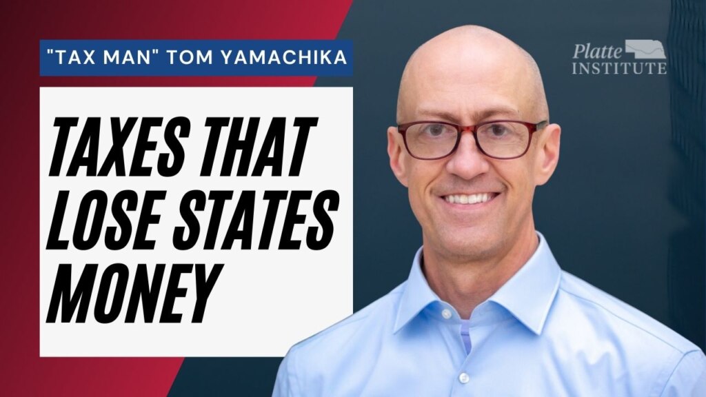 A title card for an episode of the Nebraskanomics Podcast. A photo of Jim Vokal at right includes the text "Tax Man Tom Yamachika: Taxes That Lose States Money"