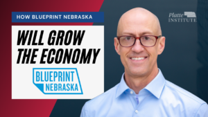 The title card for an episode of Nebraskanomics. Jim Vokal appears on the right, with text reading "How Blueprint Nebraska Will Grow the Economy." The Blueprint Nebraska logo is displayed at the bottom. 