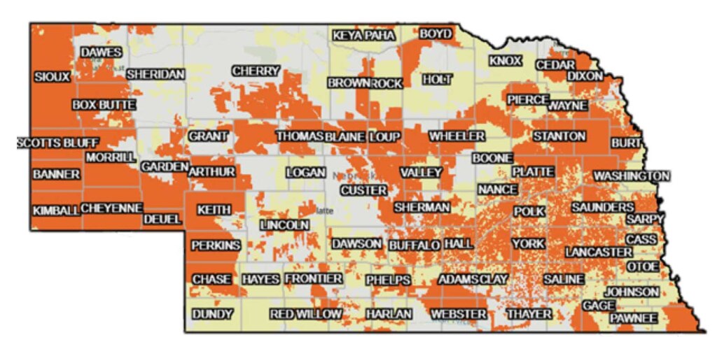 A map depicting areas of Nebraska. that are underserved and unserved with broadband connectivity. The broadband coverage map is strongly solid across most of the border regions of the Nebraska Panhandle and metropolitan areas in Eastern, Northeastern, and Central Nebraska have strong pockets of broadband connectivity with surrounding areas with less dedicated coverage. Throughout the state, however, especially in the northern and southern central, and southeastern regions, large areas of some counties are underserved and unserved.